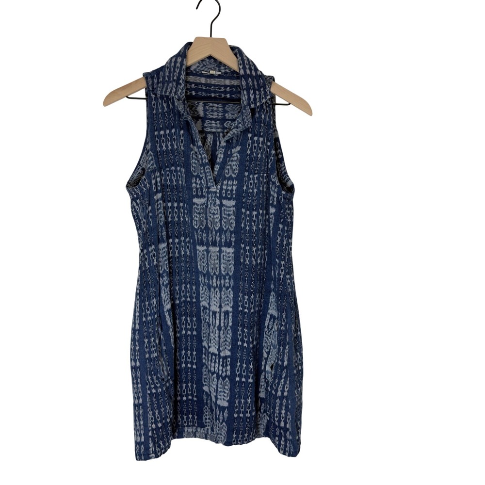 Cotton Shift Dress Blue White Textured Woven Ikat Bohemian Sleeveless pockets